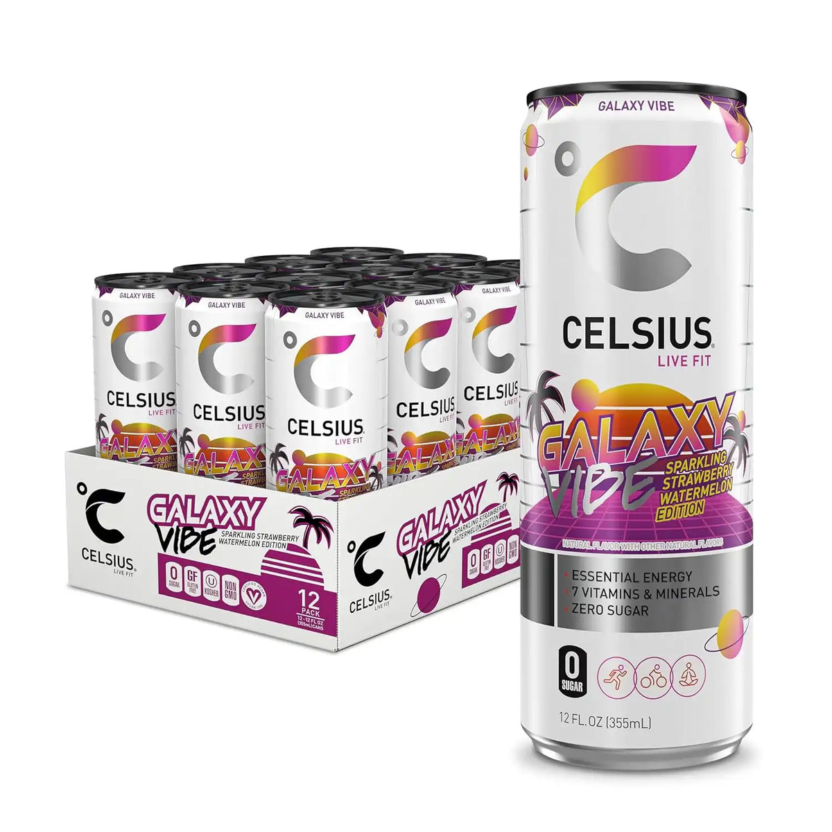 CELSIUS GALAXY VIBE Sparkling Strawberry Watermelon, Sugar Free Energy Drink, 12 Fl Oz (Pack of 12)